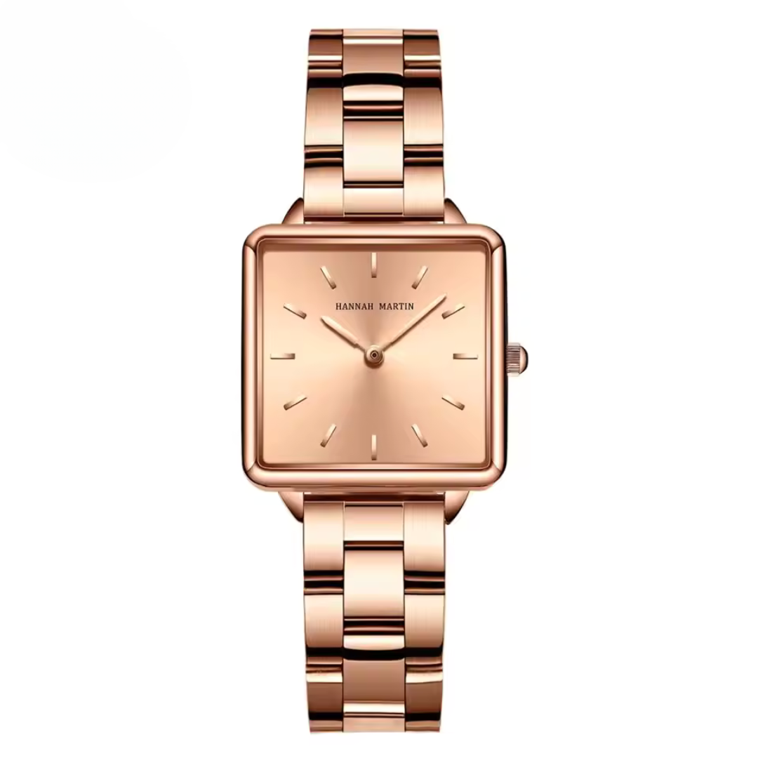Square Quartz Watch with Stainless Steel Case and Elegant Rose Gold Design