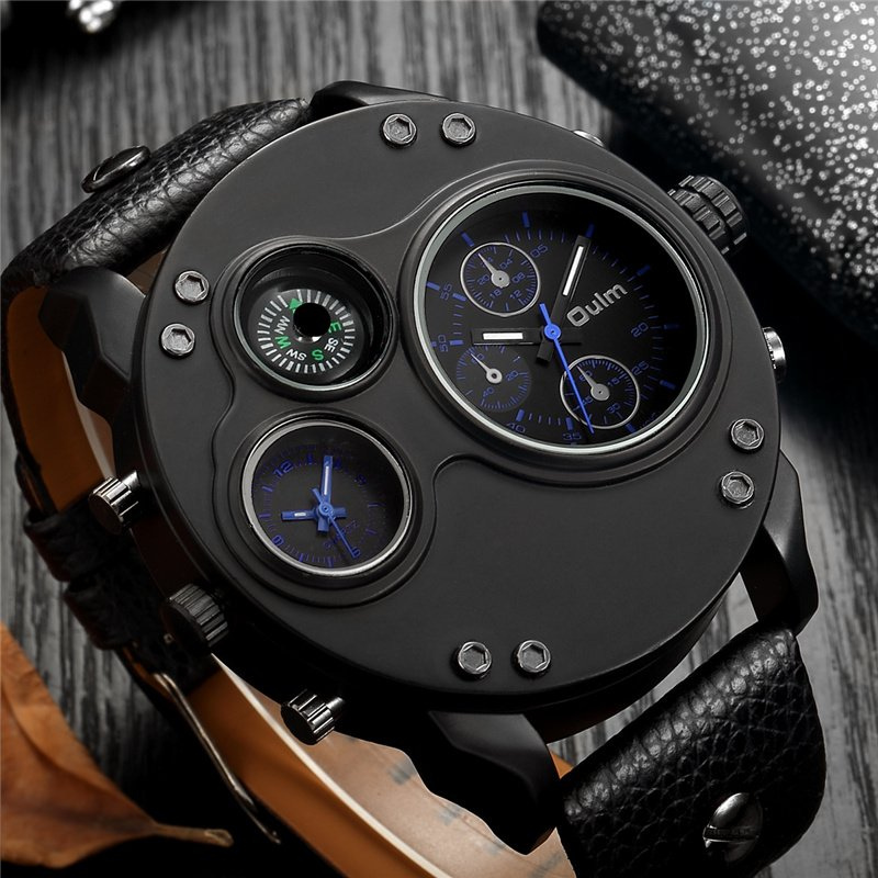 Elegant Black Leather Chronograph Watch with Dual Time Zones