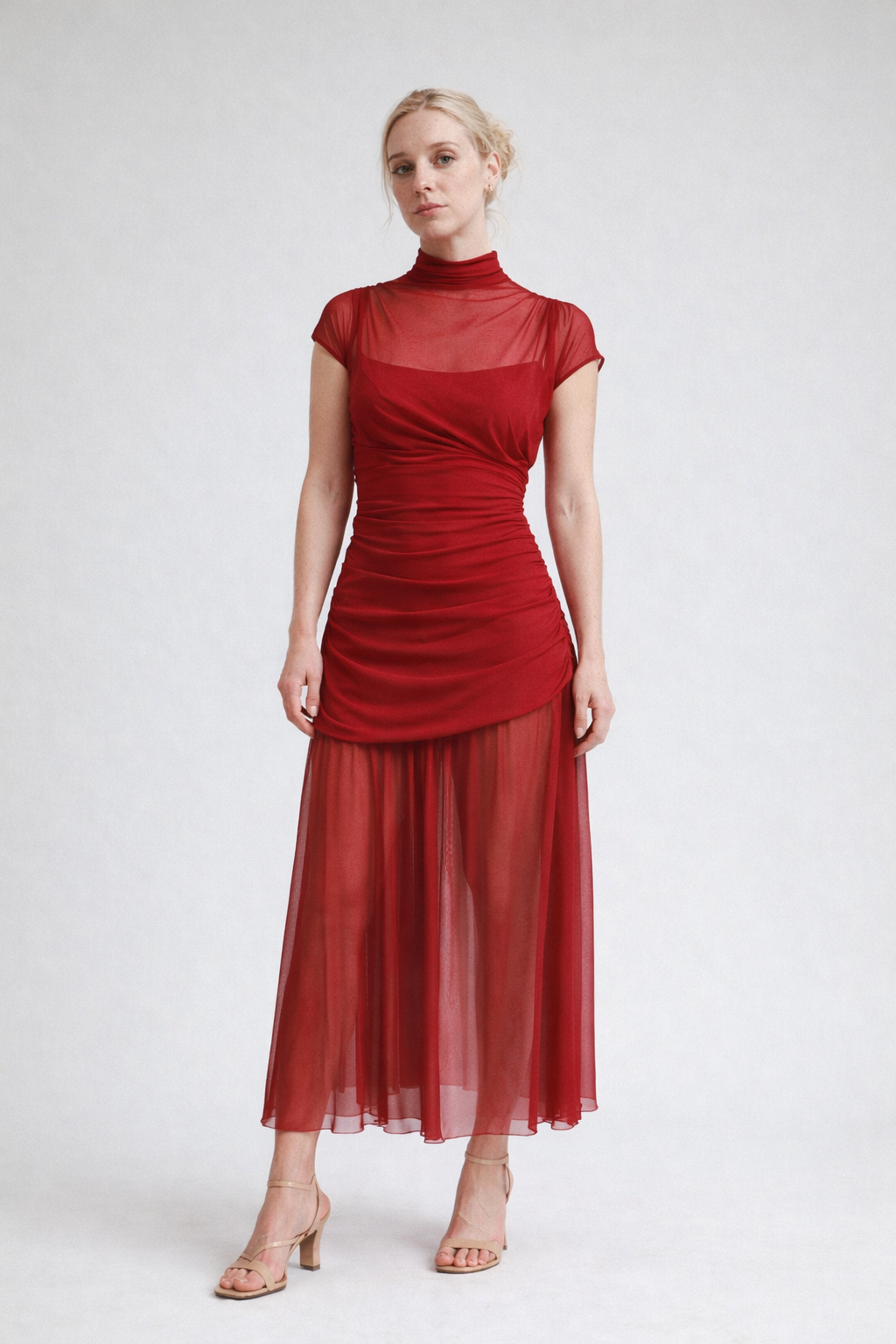 Elegant Brown Pleated Mesh Bodycon Dress