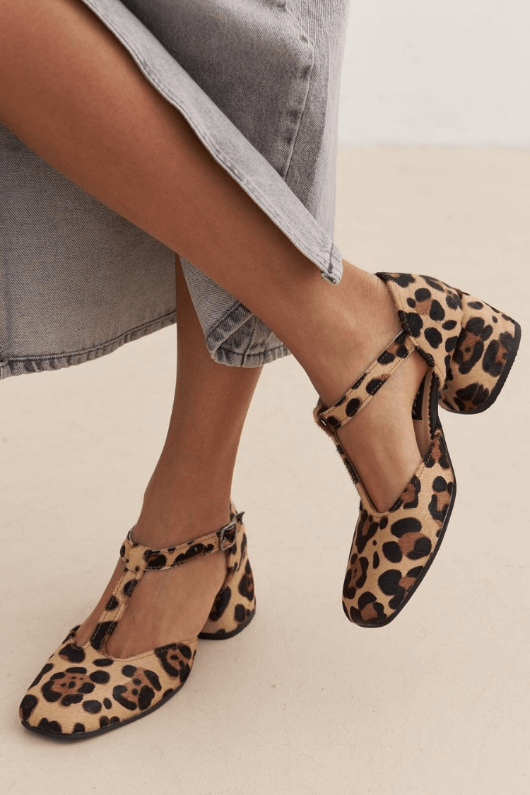 Leopard-Print T-Strap Block Heel Sandals