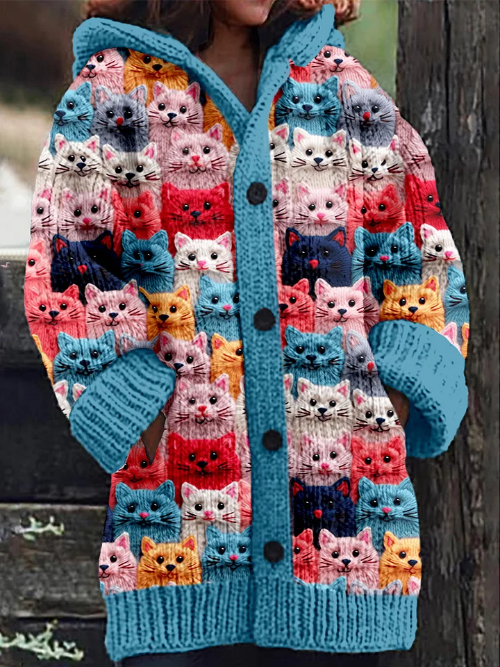 Cozy Women's Hooded Cardigan with a Colorful Cat Print