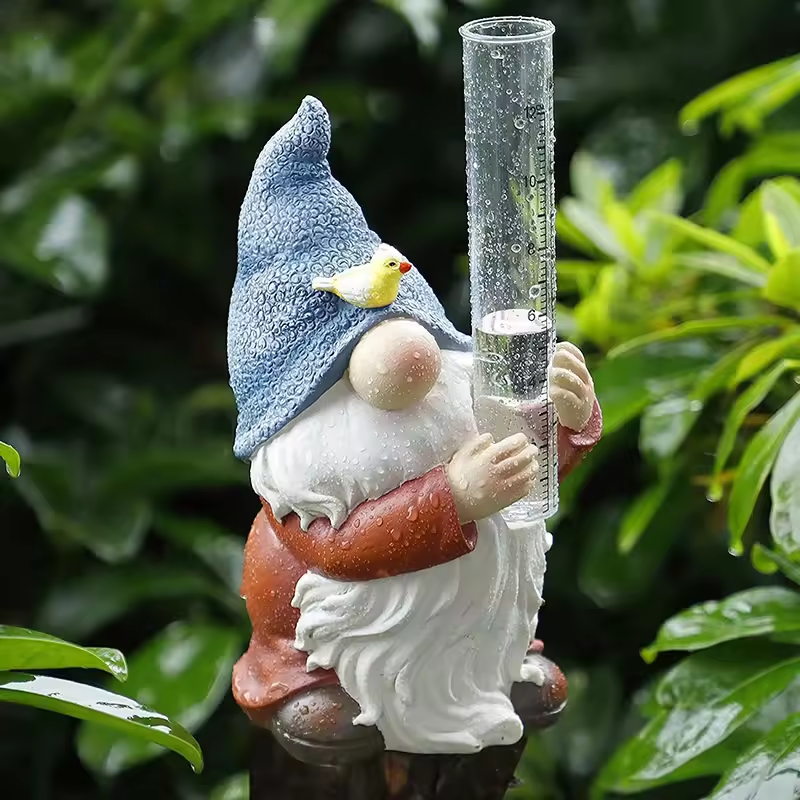 Soraya - Charming Gnome Garden Statue with Rain Gauge Made of Resin for Enchanting Garden Decoration