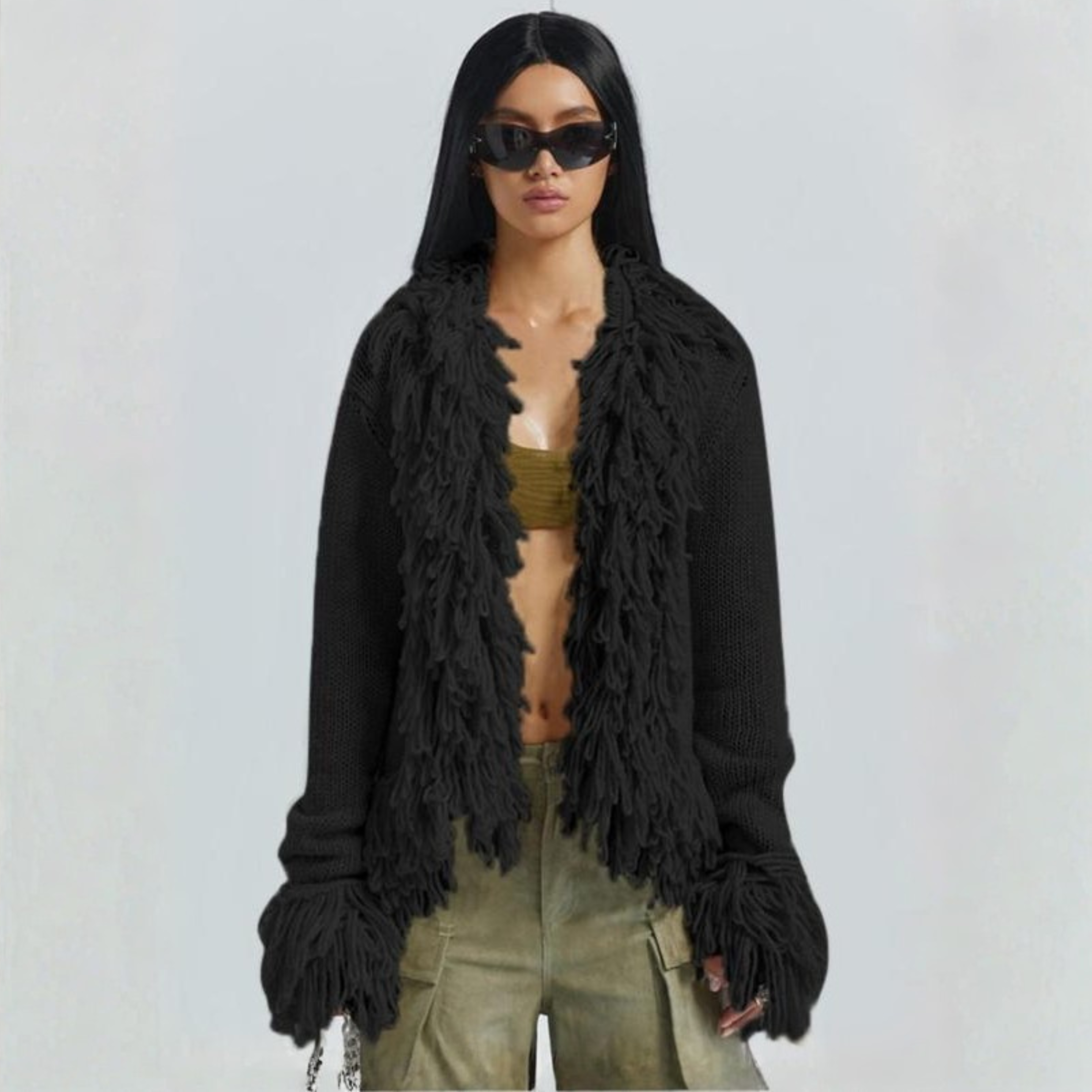 Fringed Long-Sleeve Open-Front Cardigan – Chic, Effortless Style