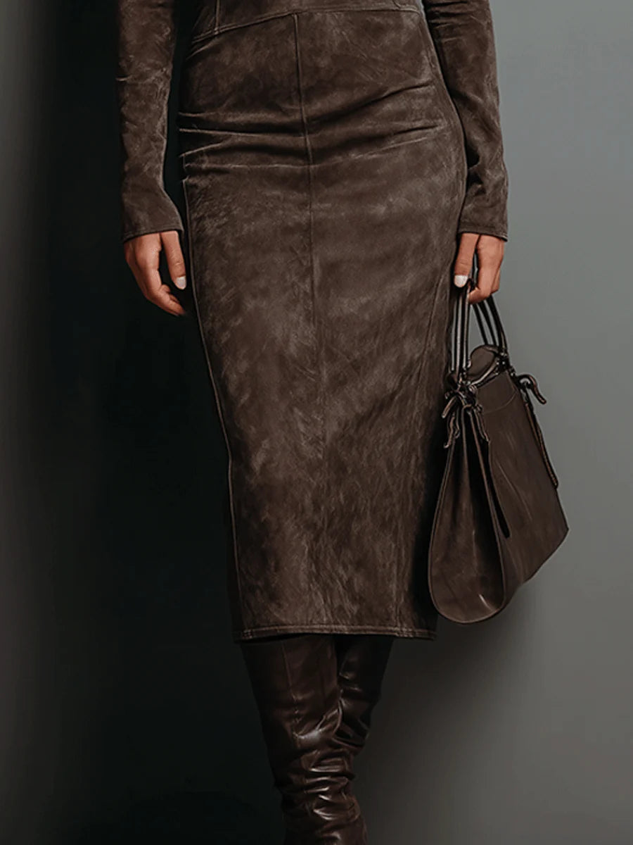 Elegant High-Collar Long-Sleeve Midi Dress made of Suede