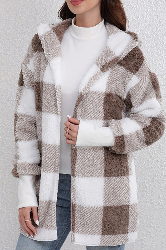 Medium-length hooded checkered coat with fleece