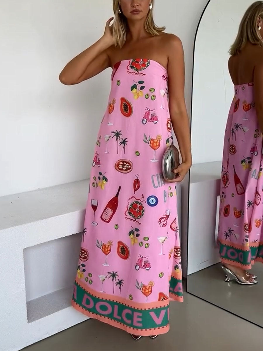 Pink Tube Summer Dress with Vacation Print for a Casual and Trendy Style