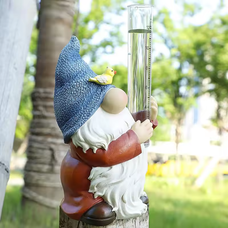 Soraya - Charming Gnome Garden Statue with Rain Gauge Made of Resin for Enchanting Garden Decoration