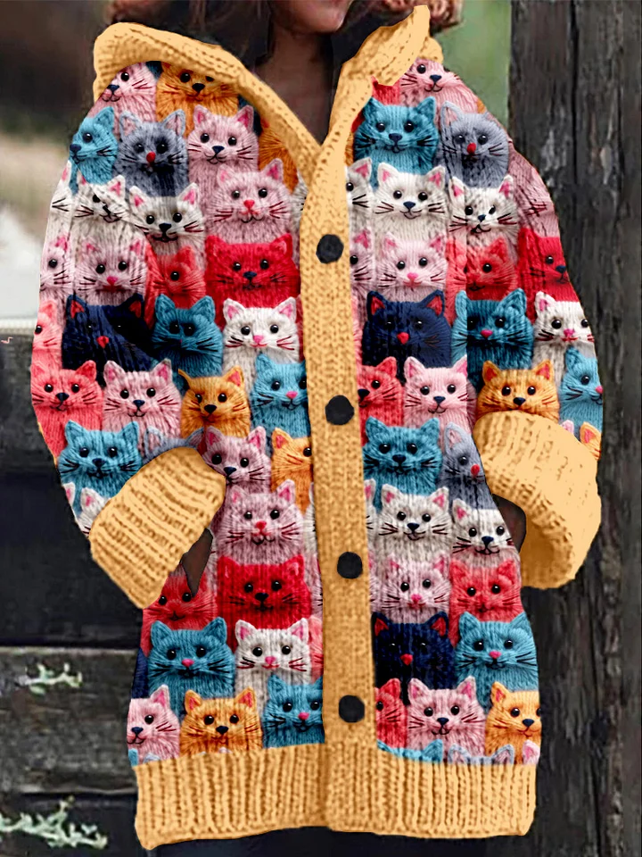 Cozy Women's Hooded Cardigan with a Colorful Cat Print