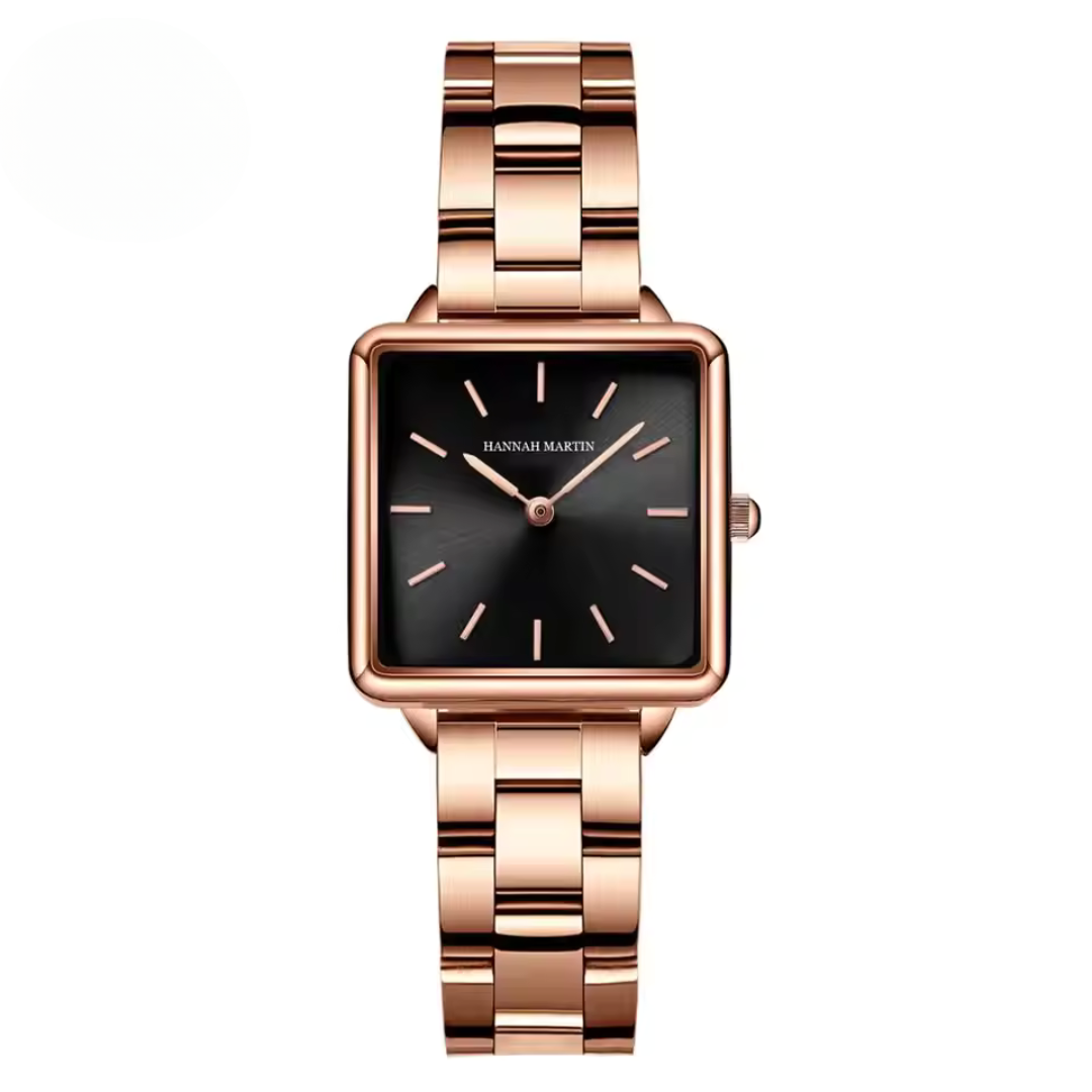 Square Quartz Watch with Stainless Steel Case and Elegant Rose Gold Design