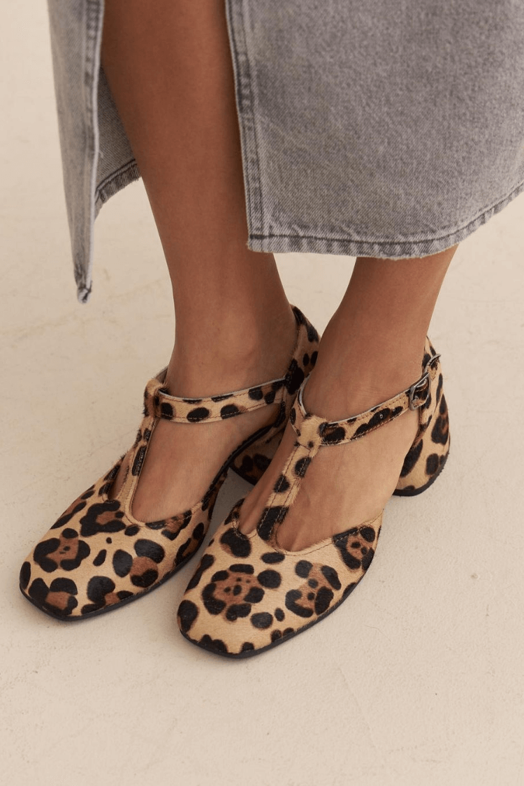 Leopard-Print T-Strap Block Heel Sandals