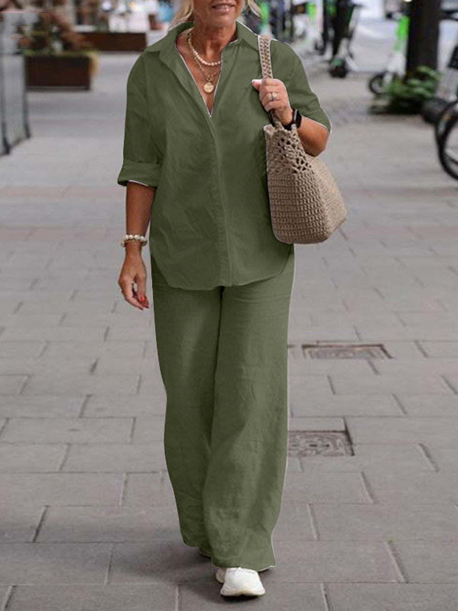 Two-Piece Set with Shirt and Long Sleeve Top and Elegant Pants