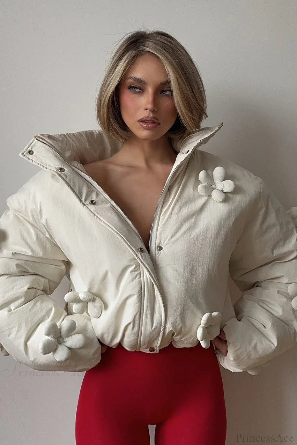 3D Flower Pattern Ruffle Hooded Crop Puffer Jacket