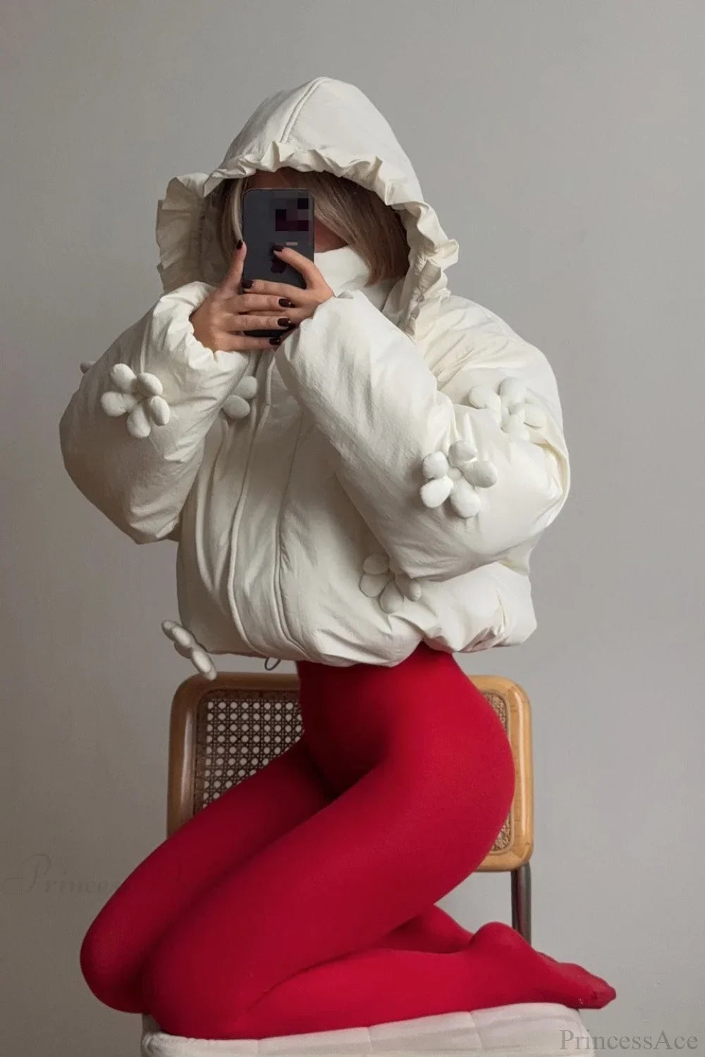 3D Flower Pattern Ruffle Hooded Crop Puffer Jacket