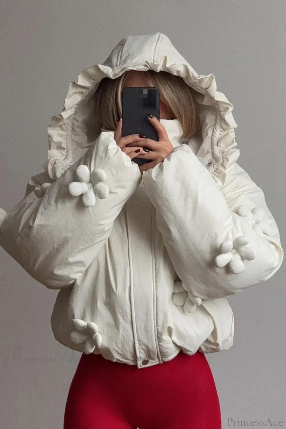3D Flower Pattern Ruffle Hooded Crop Puffer Jacket