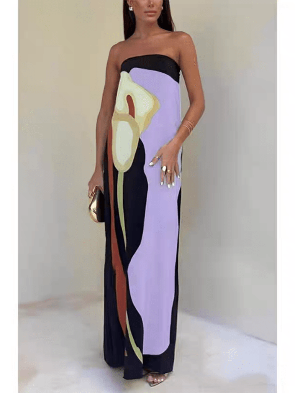 Sleeveless Strapless Color Block Pattern Long Dress