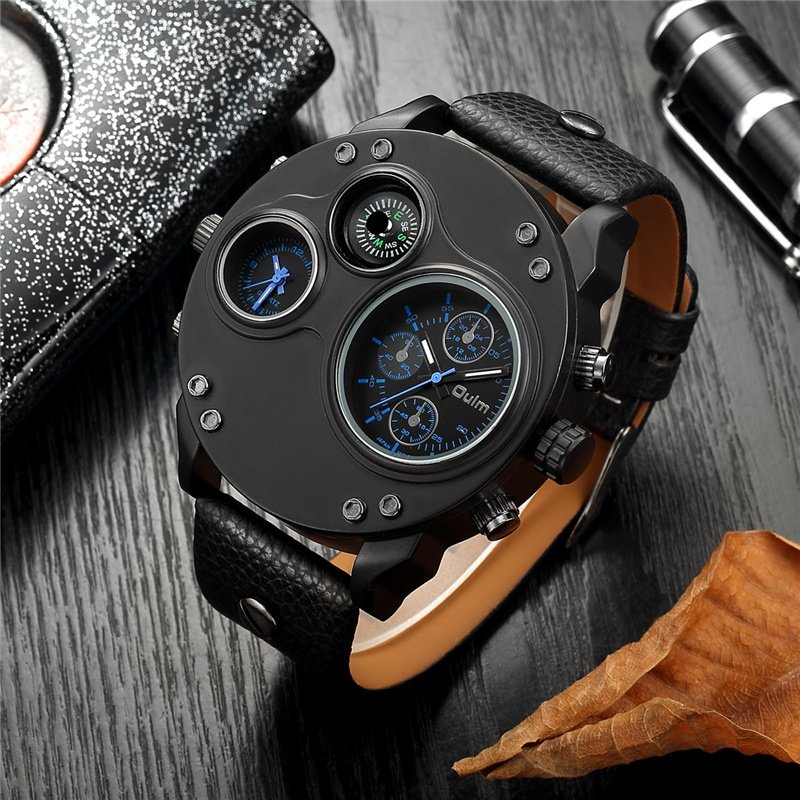 Elegant Black Leather Chronograph Watch with Dual Time Zones