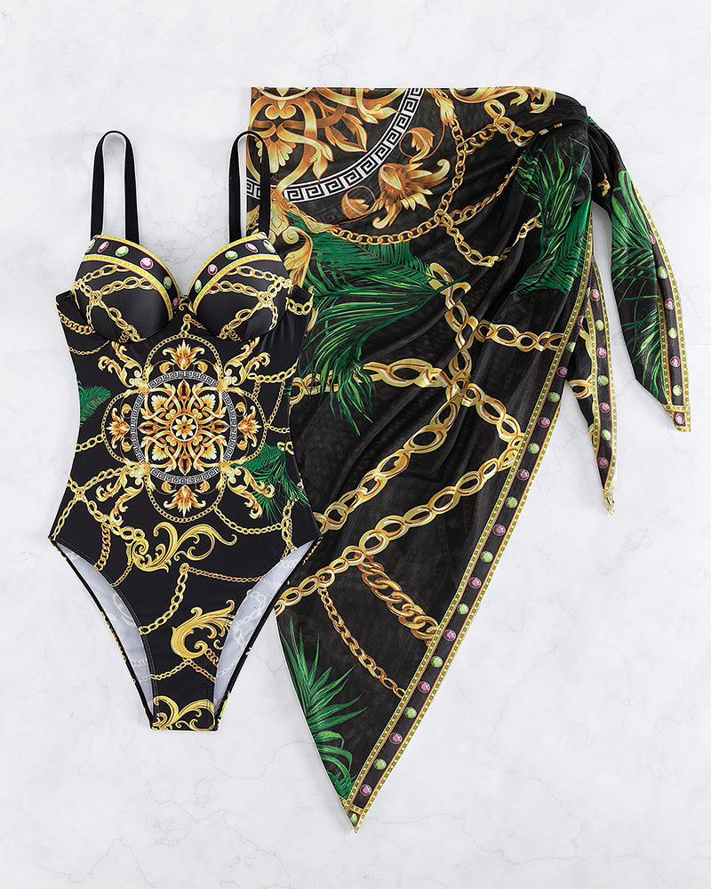 Push Up Swimsuit Set | Chain Detail One Piece & Skirt