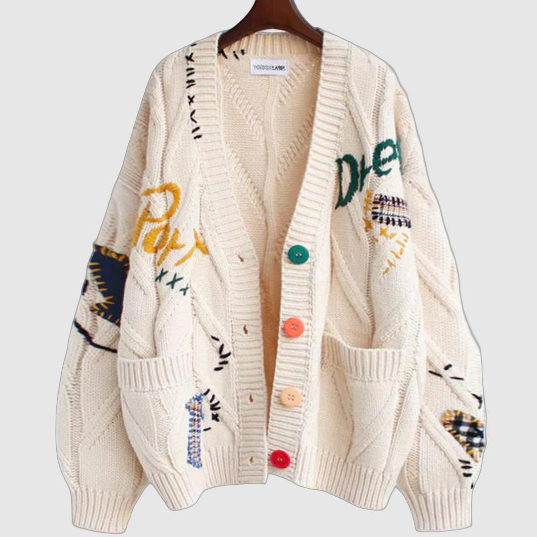 Women's Colorful Embroidered Pattern Cardigan with Floral Details – Cozy Knit