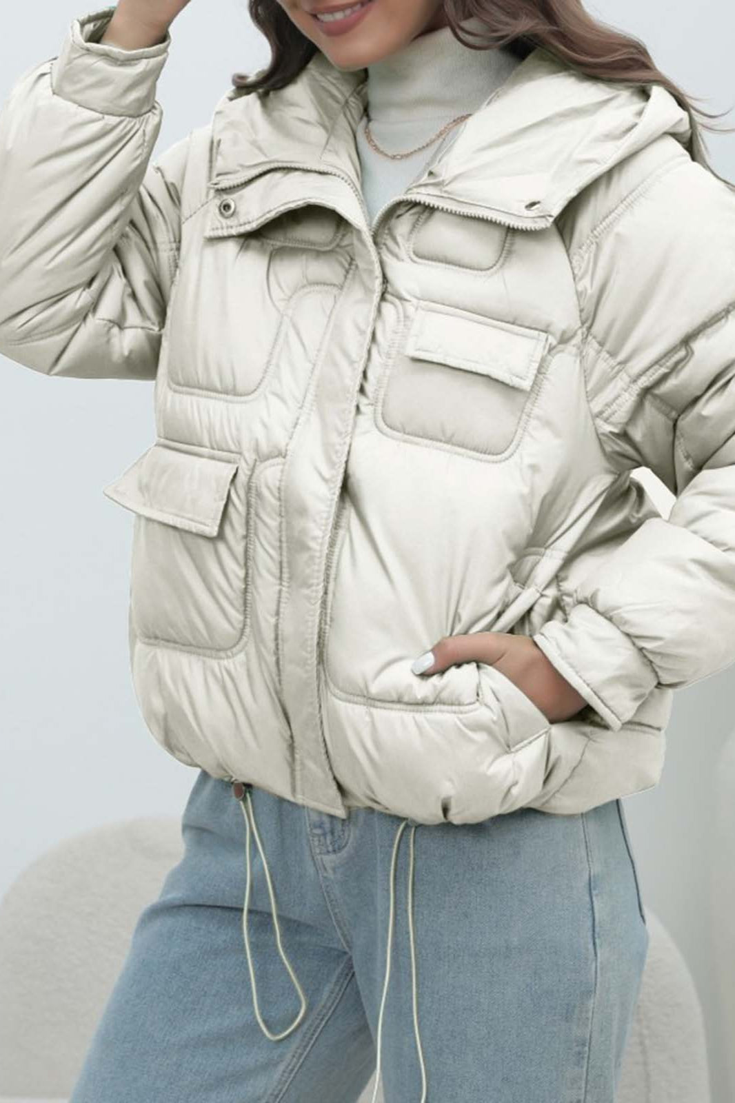 Bright colorful down coat with a short collar