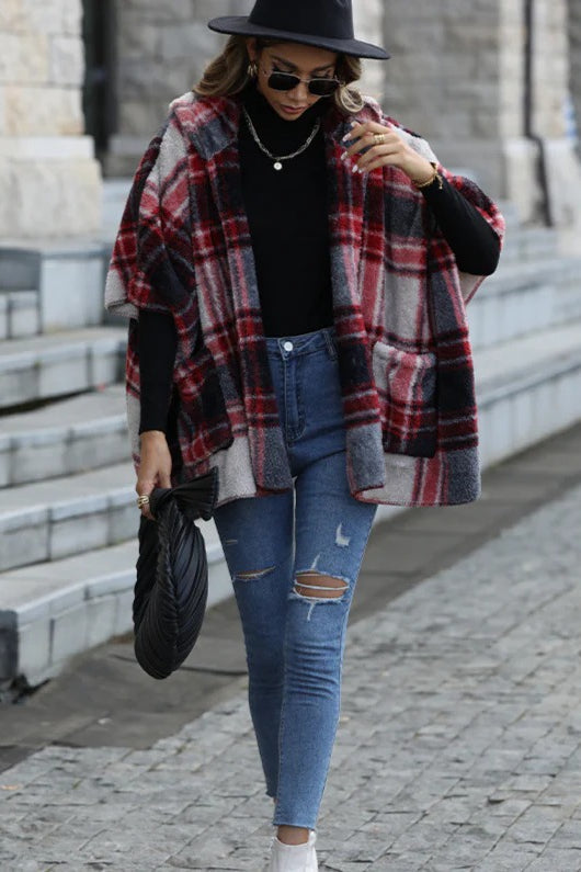 Fuzzy Plaid Hooded Short Sleeve Coat - Cozy and Stylish Layer for Any Occasion