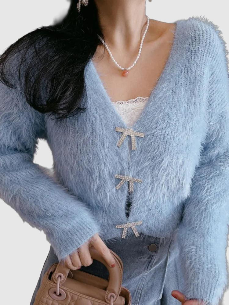 Women's Cropped Cardigan with Bow-Shaped Crystal Embellishment