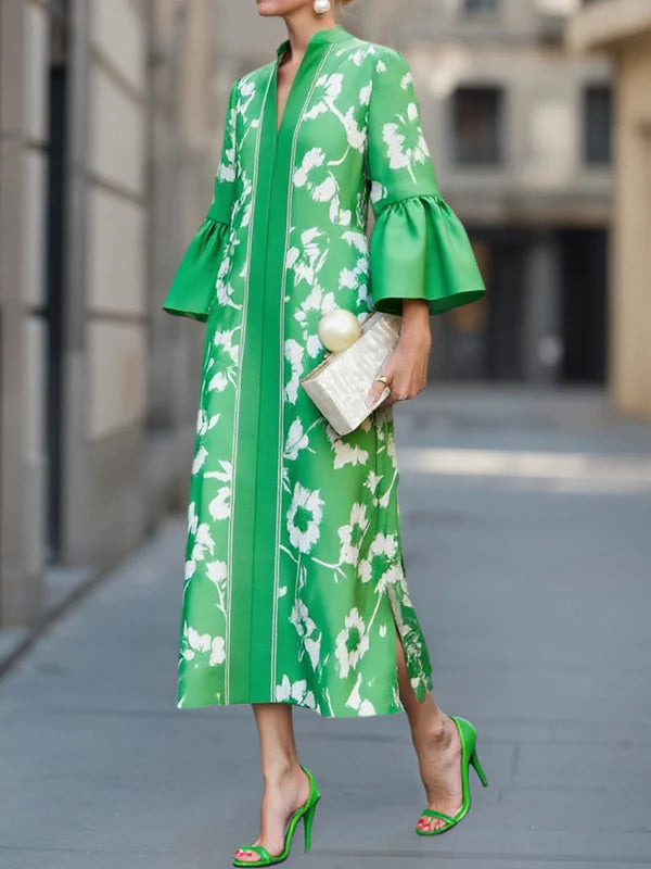Flowy Maxi Dress with Bell Sleeves and Floral Pattern with Elegant Side Slit