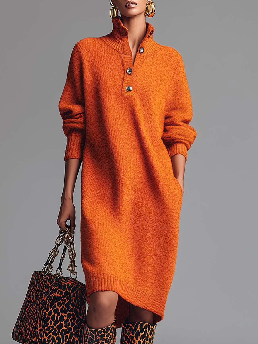 Vibrant Orange Long Knitted Robe with Button Closure and Collar