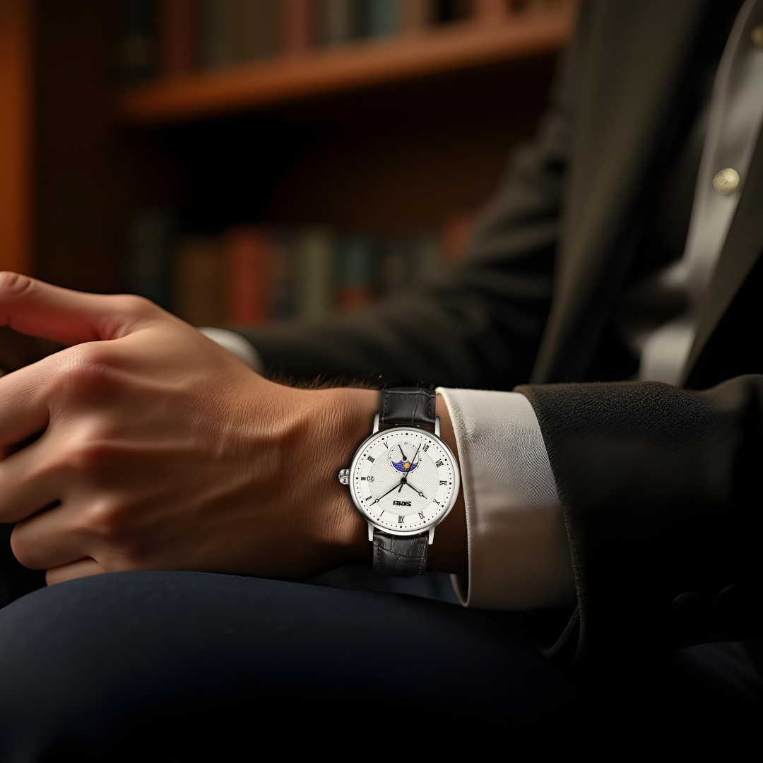 Stainless steel watch with crystal moon phase for an elegant and sophisticated look