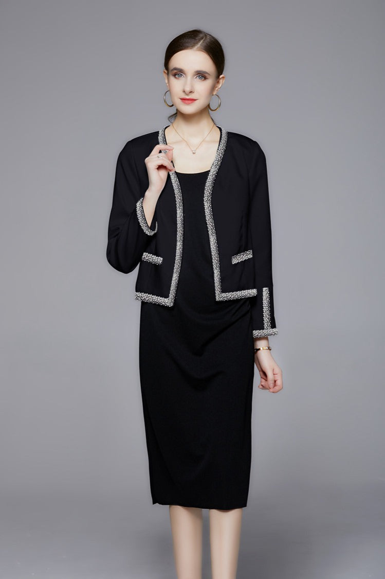 Short jacket with openings and pearls, elegant and fashionable