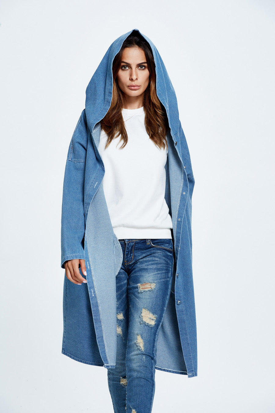 Casual Long Hooded Denim Coat for Stylish Comfort