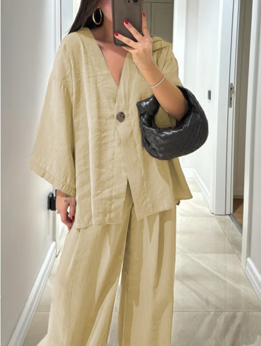 Comfortable Two-Piece Relaxed V-Neck Set