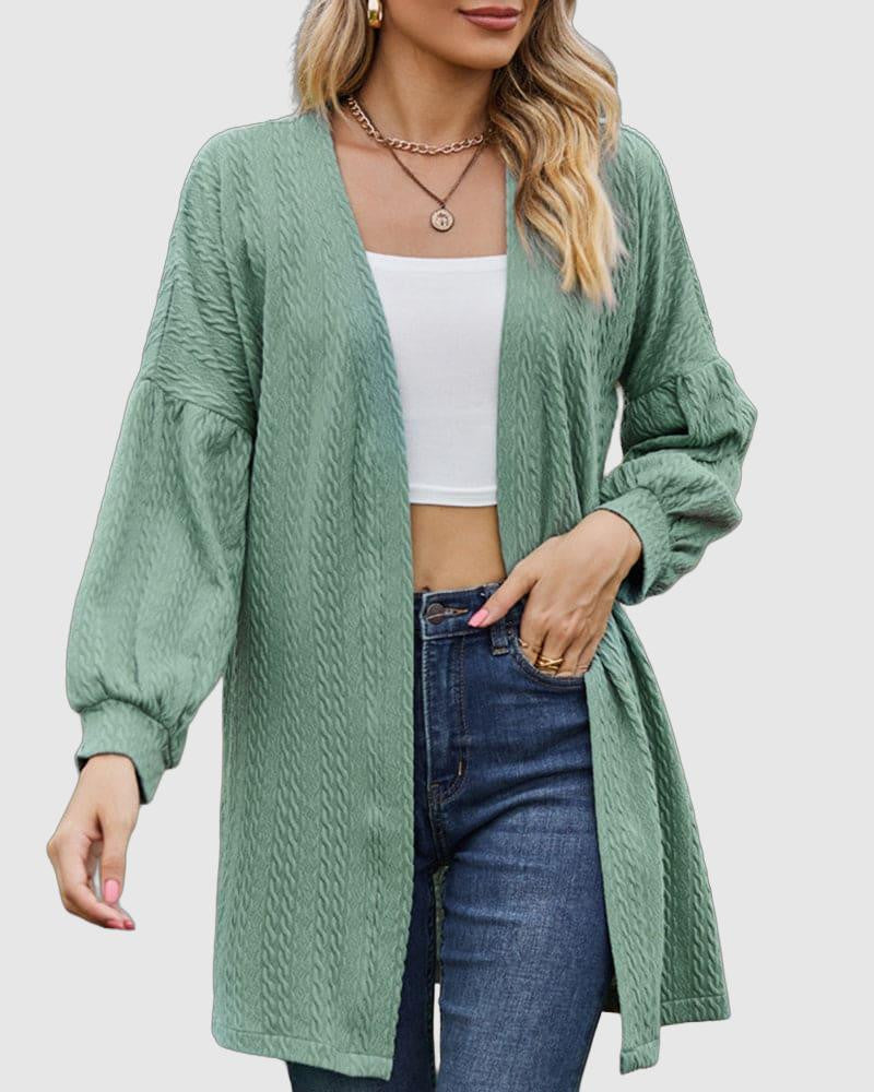 Women's Open-Front Cardigan in Textured Knit, Dramatic Long Voluminous Sleeves, Mid-Thigh Length