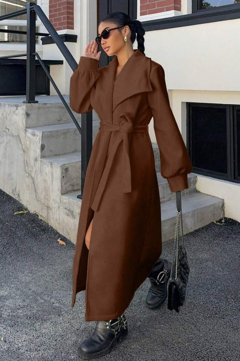 Oversized brown wool coat with elegant lapels
