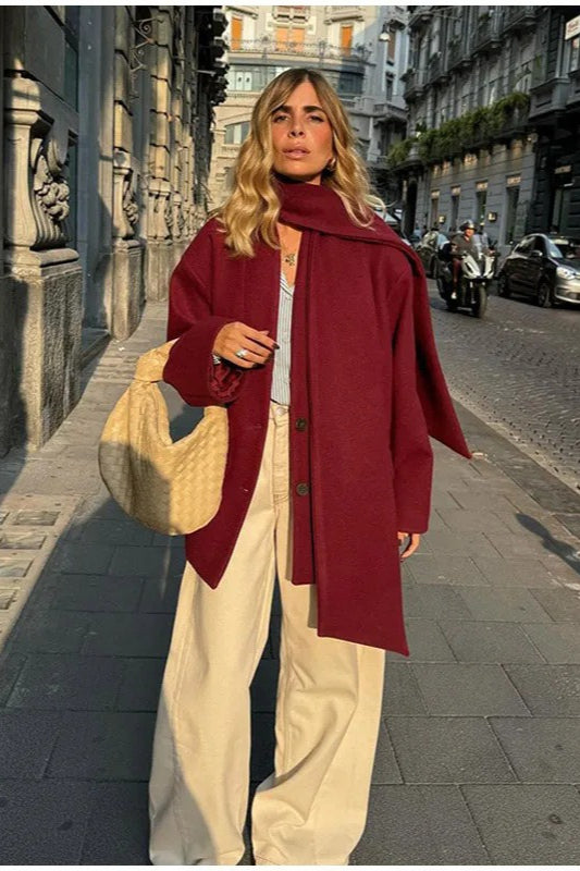 Wool coat with scarf collar and single-button closure