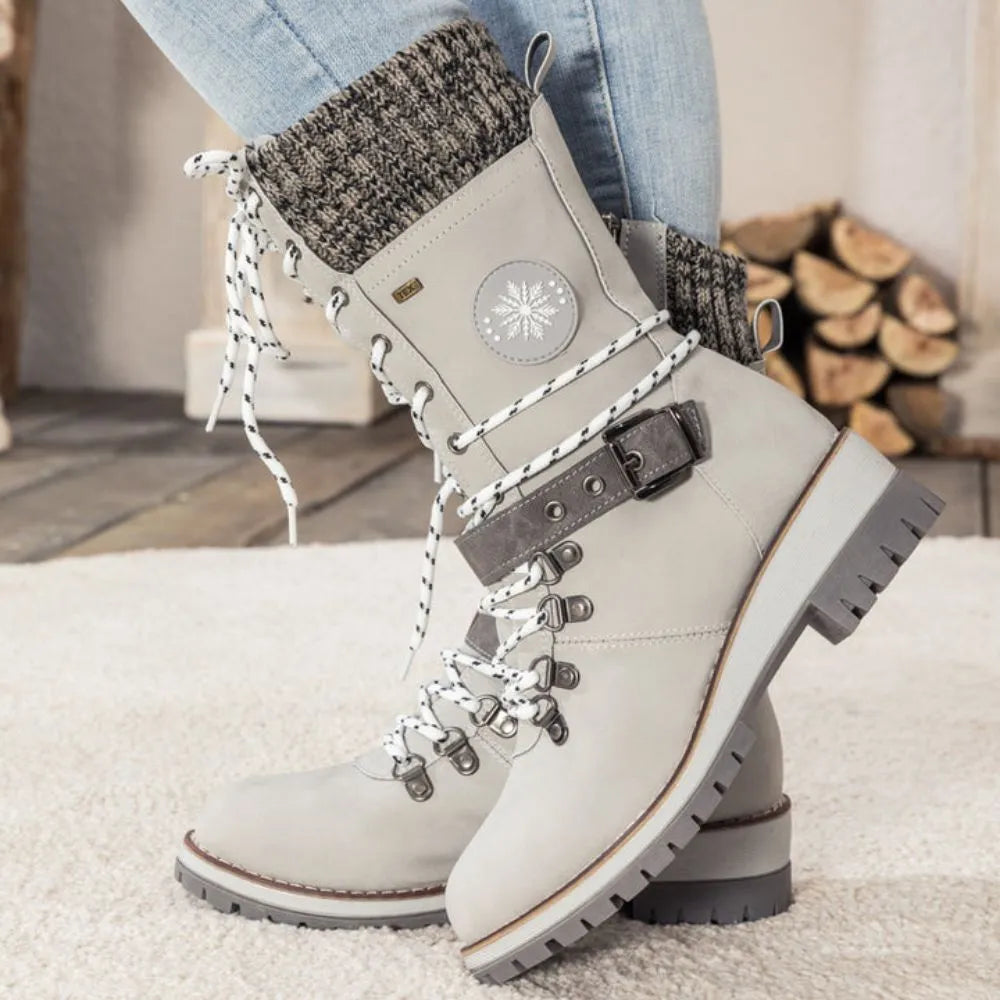 Women's Winter Lace-Up Snow Boots with Knit Cuff & Buckle - Secure Fit and Anti-Slip Sole