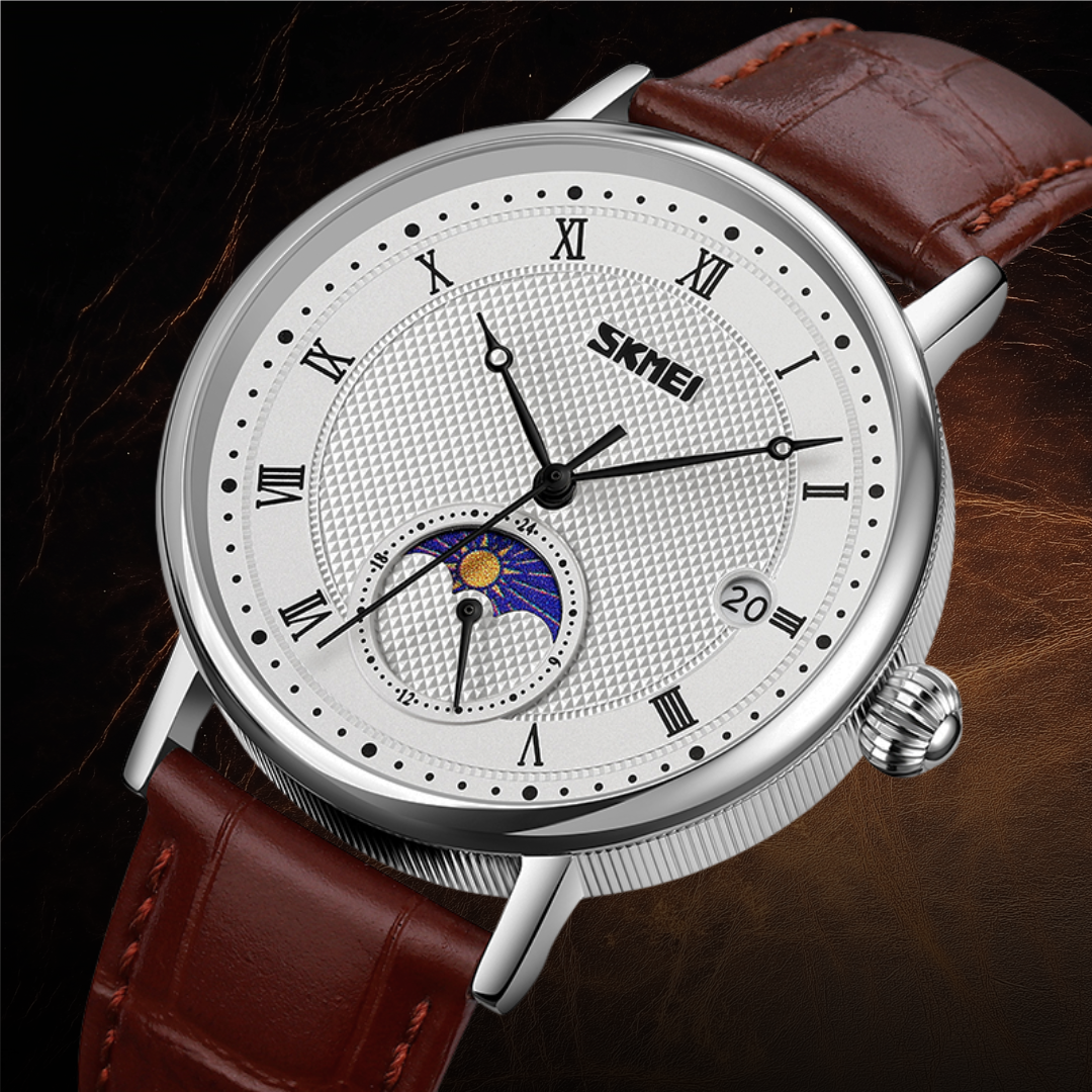 Stainless steel watch with crystal moon phase for an elegant and sophisticated look