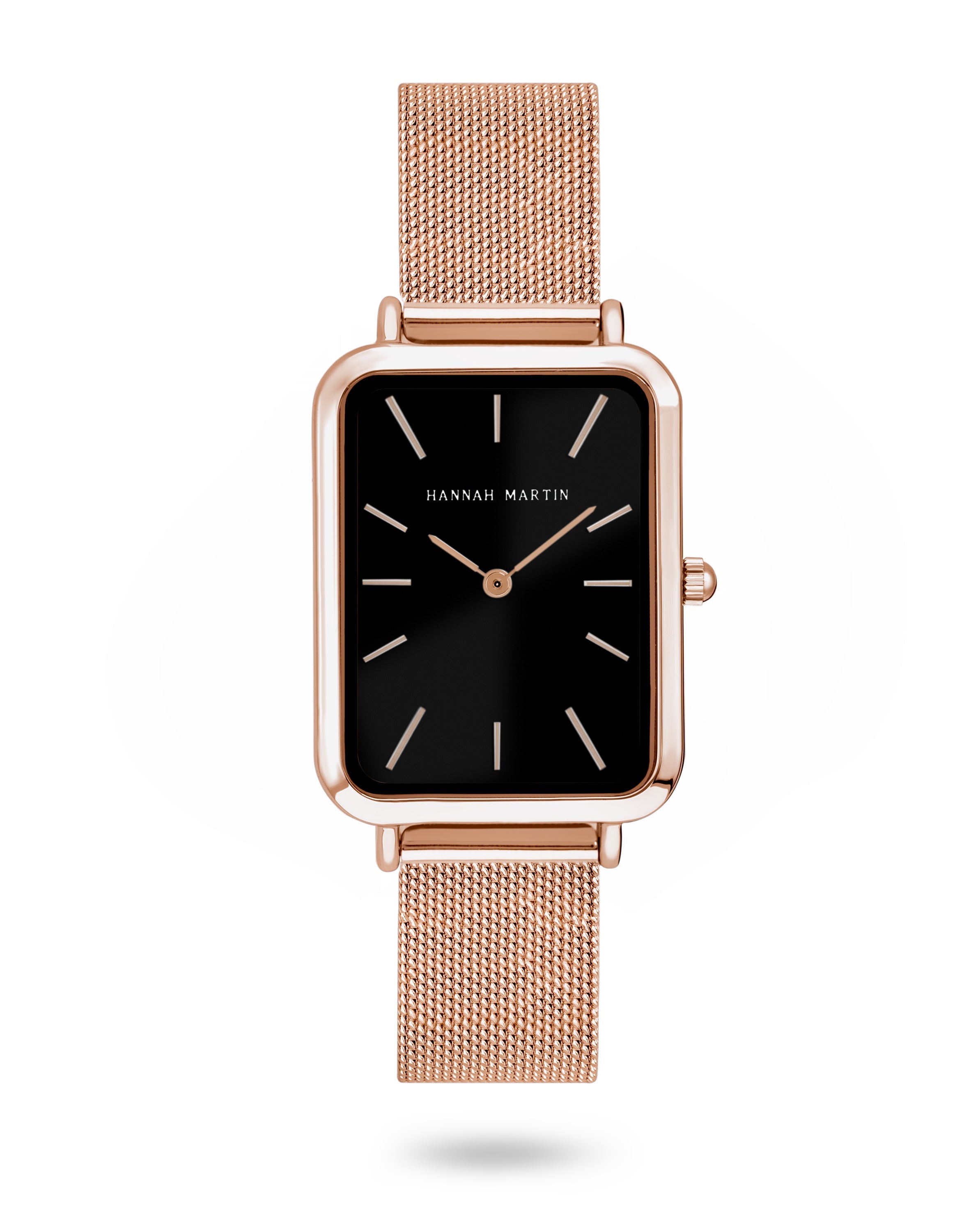 Elegant Midnight Rectangular Watch with Rose Gold Tint, Black Dial, and Mesh Band