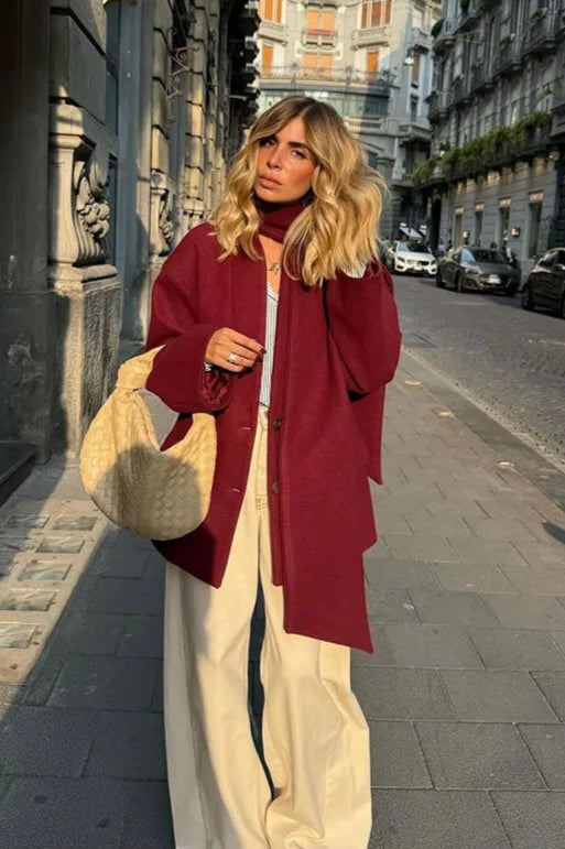 Wool coat with scarf collar and single-button closure