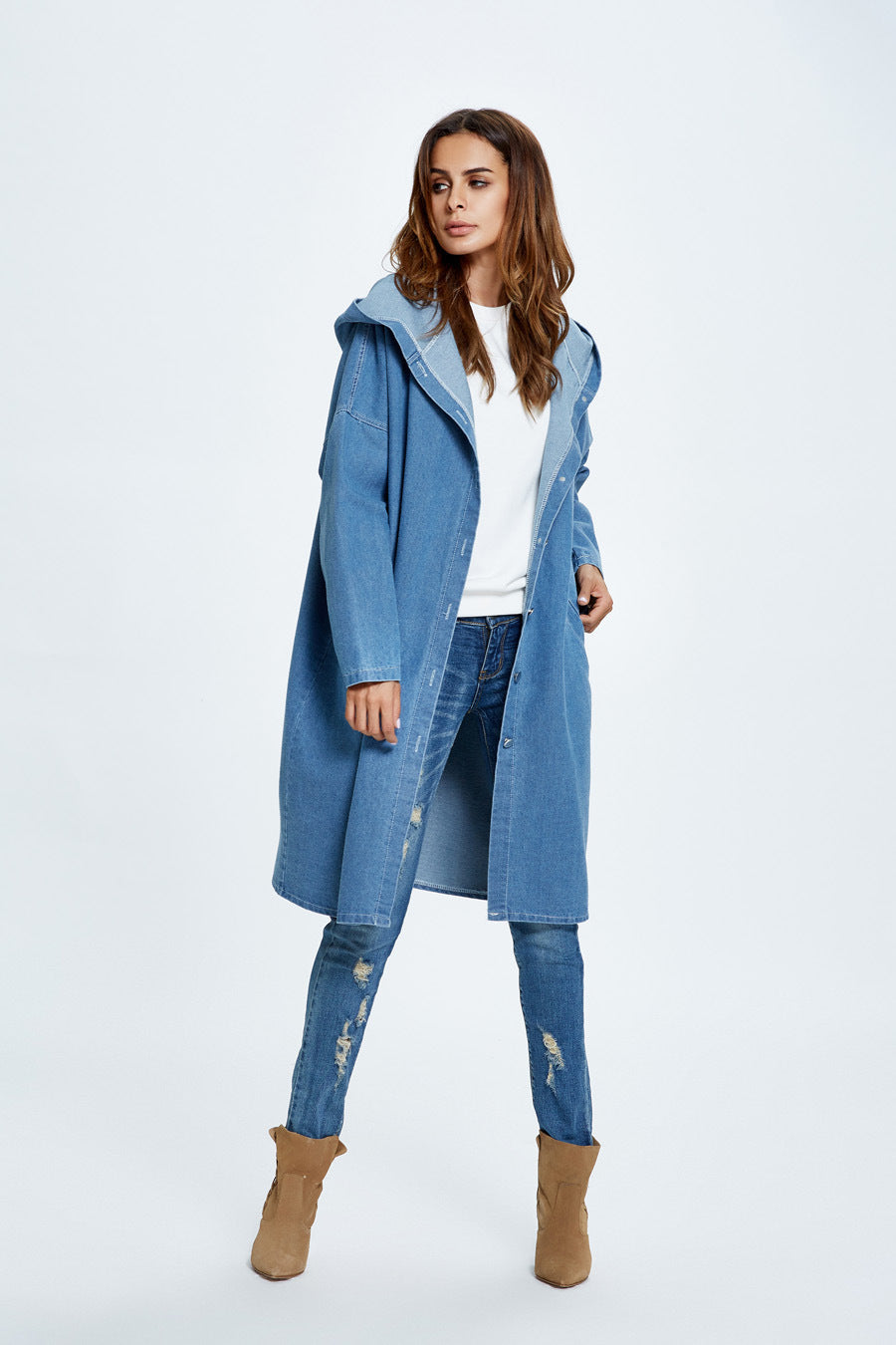 Casual Long Hooded Denim Coat for Stylish Comfort