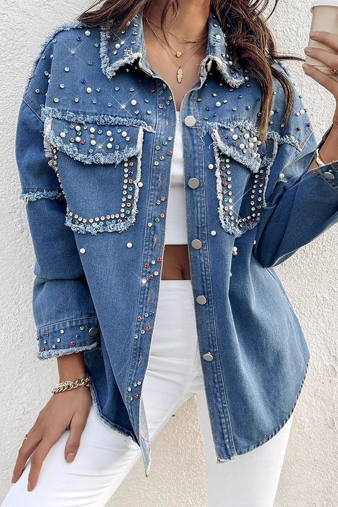 Long-sleeve denim coat with contrasting pearl details