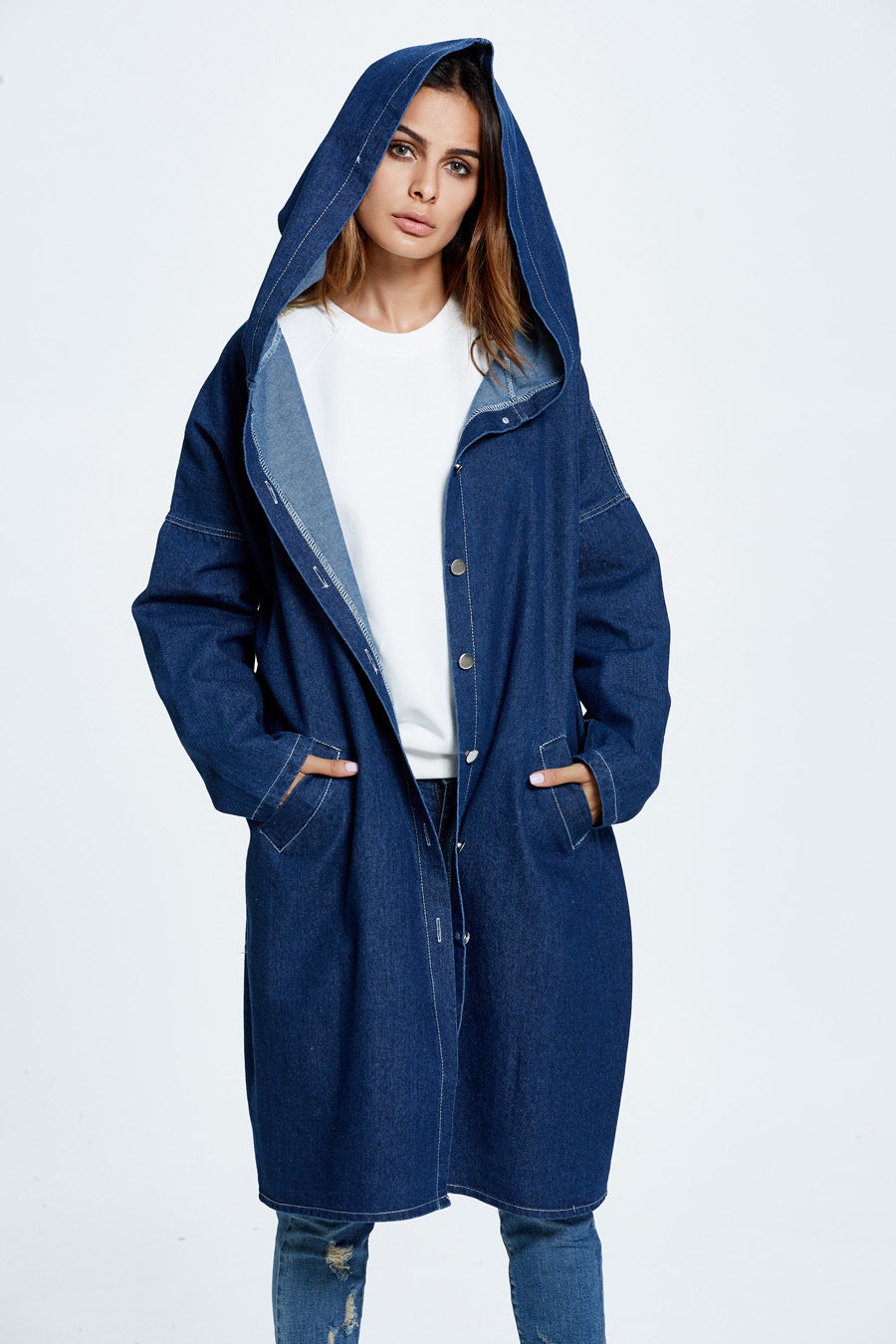 Casual Long Hooded Denim Coat for Stylish Comfort