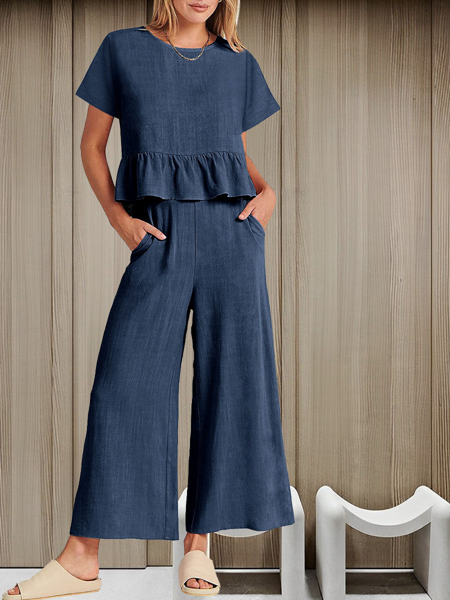 Two-piece ensemble with pleated short-sleeve blazer