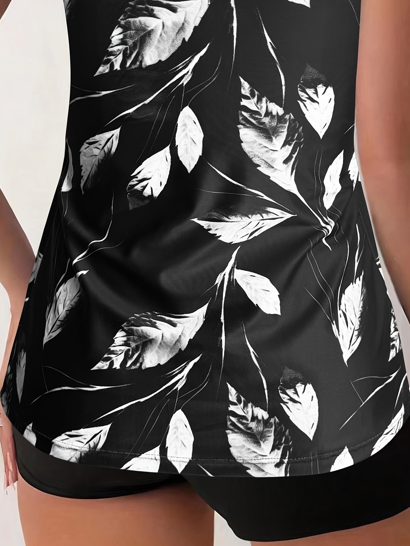 Elise Black & White Leaf Print Tankini Set – Stylish Two-Piece Swimwear