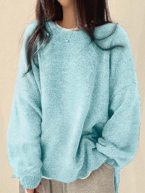 Women's Cozy Drop-Shoulder Sweater with Split Hem and Round Neck
