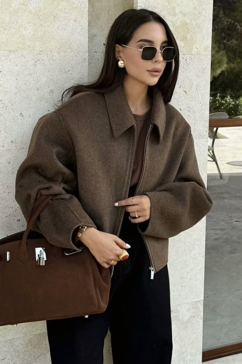 Short Wool Coat with Lapel Collar in Minimalist Style