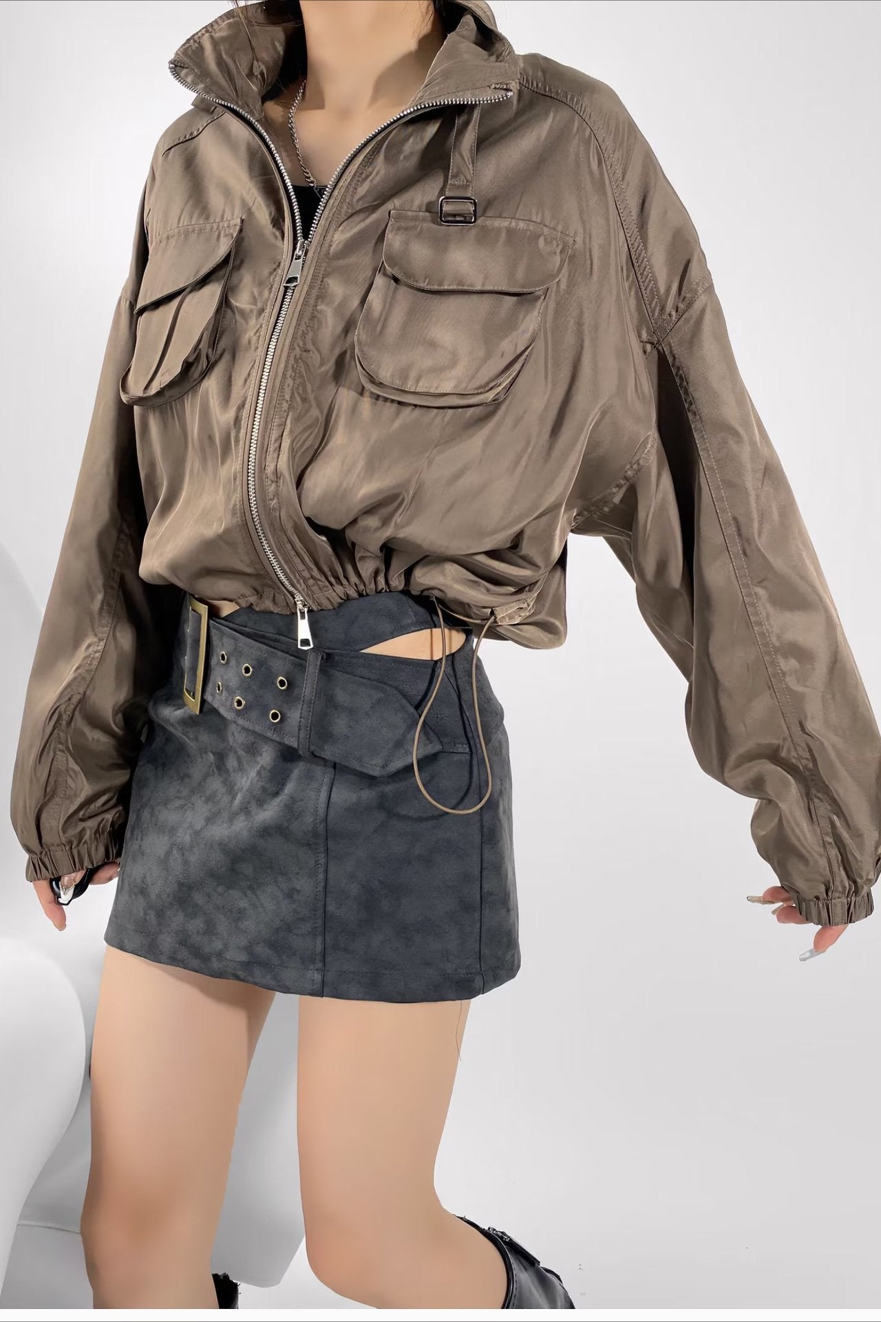 Elegant Short Cargo Coat with High Collar