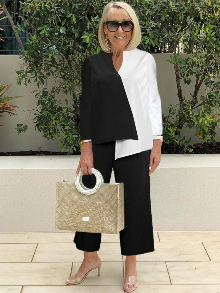 Two-Piece Set with Asymmetrical Hem Top and Pants for a Unique Style