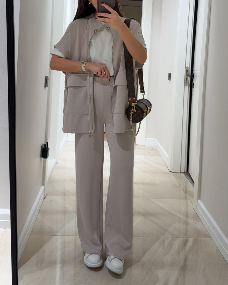 Elegant ensemble with trendy top and stretch waistband pants for a perfect look