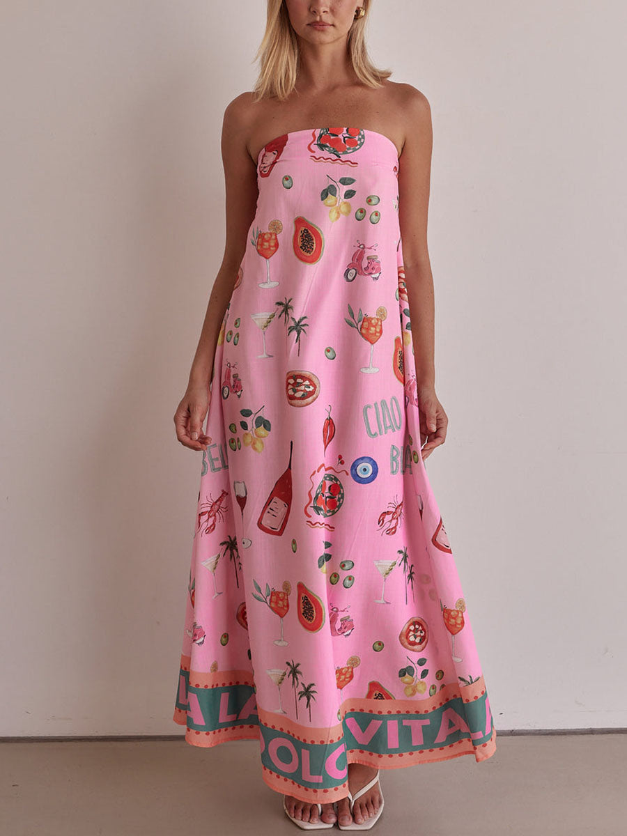 Pink Tube Summer Dress with Vacation Print for a Casual and Trendy Style