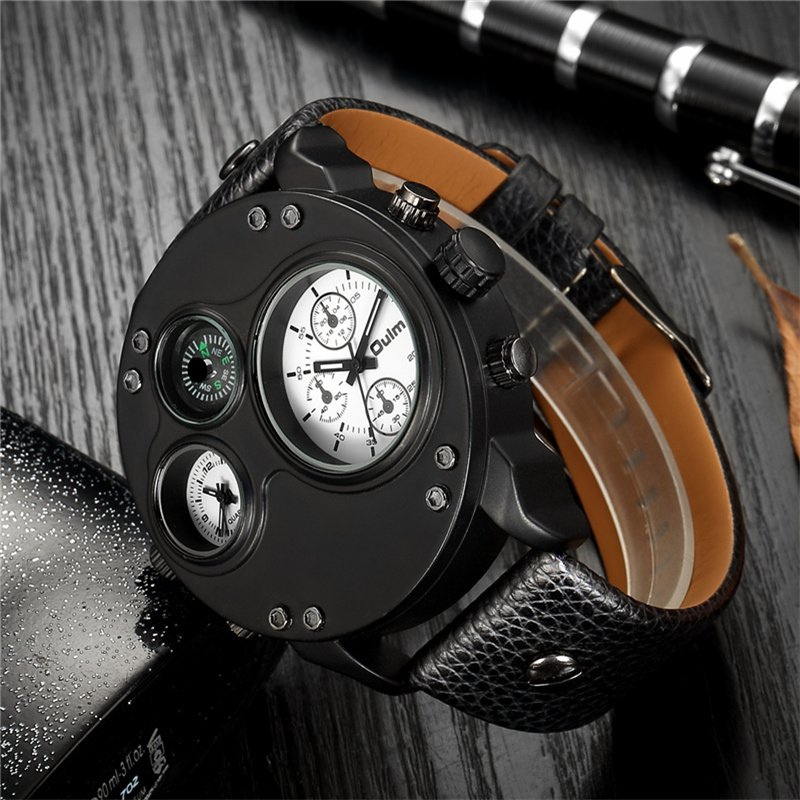 Elegant Black Leather Chronograph Watch with Dual Time Zones